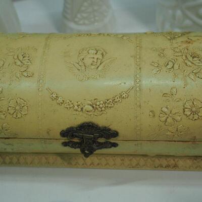 Lot 80 Victorian jewelry box, Tiffany perfume bottle, Milk Glass, Blue and white ceramics