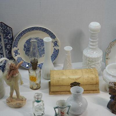 Lot 80 Victorian jewelry box, Tiffany perfume bottle, Milk Glass, Blue and white ceramics