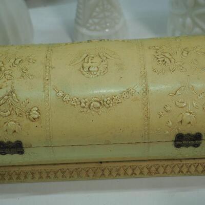 Lot 80 Victorian jewelry box, Tiffany perfume bottle, Milk Glass, Blue and white ceramics