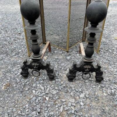 O615 Pair of Black Lion Andirons with Brass Screen 