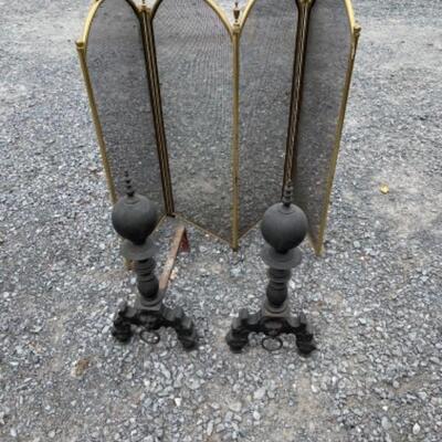 O615 Pair of Black Lion Andirons with Brass Screen 