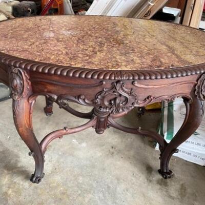 O630 Antique Victorian Marble top Table with Stretcher Base 