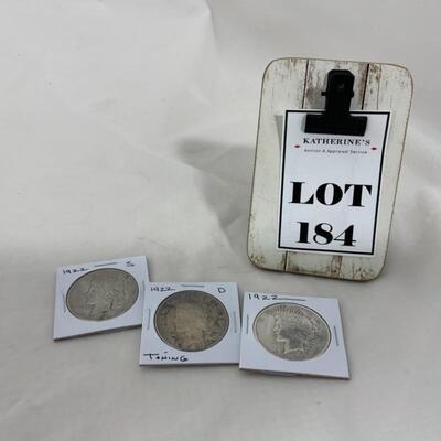 .184. COINS | 3 Peace Dollars | 1922 P D S | Circulated
