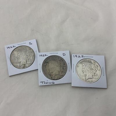 .184. COINS | 3 Peace Dollars | 1922 P D S | Circulated