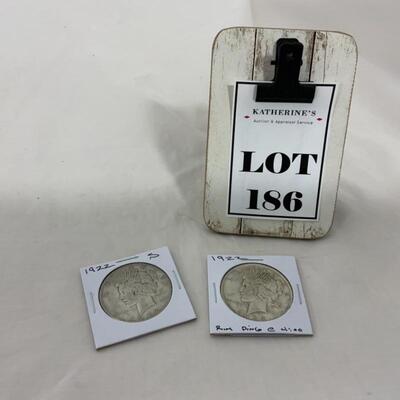 .186. COINS | 2 Peace Dollars | 1922 | Circulated