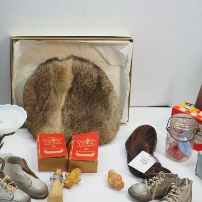 Lot 84 1950s Castille Soap carvings Rabbit fur beret Punch copper art lladro address book