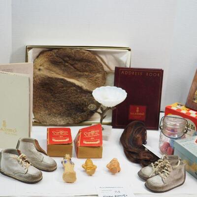 Lot 84 1950s Castille Soap carvings Rabbit fur beret Punch copper art lladro address book
