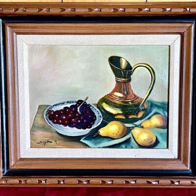 LOT 290  VINTAGE OIL PAINTING STILL LIFE PITCHER & PEARS 