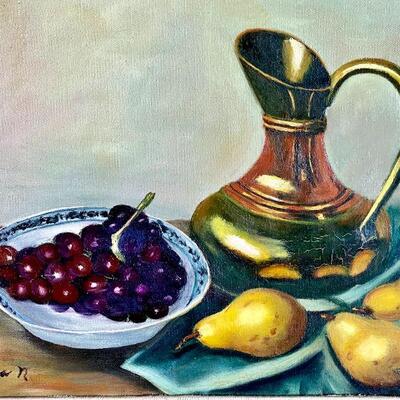 LOT 290  VINTAGE OIL PAINTING STILL LIFE PITCHER & PEARS 