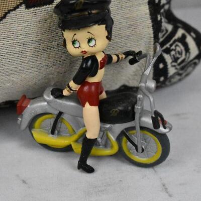 3pc Betty Boop Memorabilia; Pillow, Motorcycle Figurine, Rubber Badge