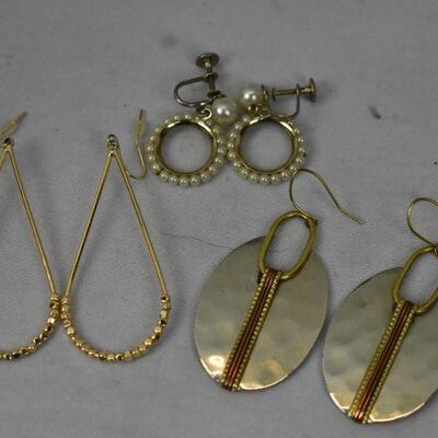3 Sets Costume Jewelry, Earrings, Gold-toned