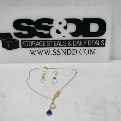 3pc Costume Jewelry: Necklace and Earrings with Gold Tone and Colored Ends