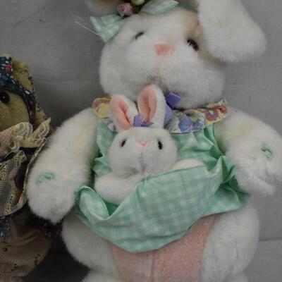 2 Bunnies: White w/ Baby and Grey with Floral Dress