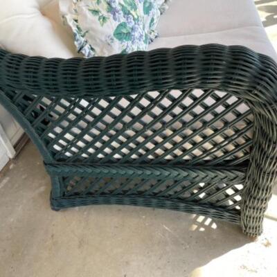 G433 Vintage Green Wicker Sofa With White Cushions & Glass Top Coffee Table 