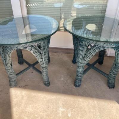 G435 Pair of Vintage Green Wicker Glass top End Tables 