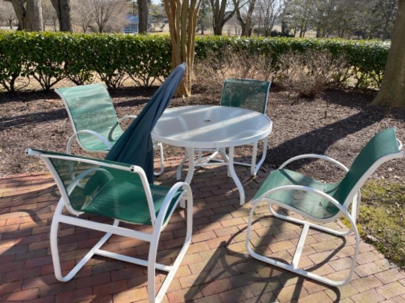 G438 Brown Jordan Table and 4 Chairs with Umbrella and Stand
