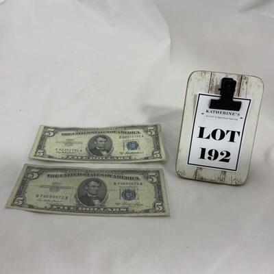 .192. CURRENCY | 2 Five Dollar Silver Certificates | 1953/53A