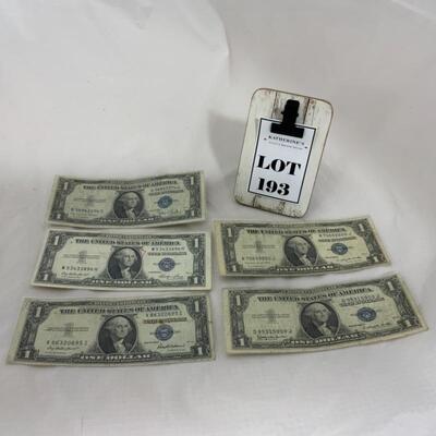 .193. CURRENCY | 5 One Dollar Silver Certificates | 1935 Series