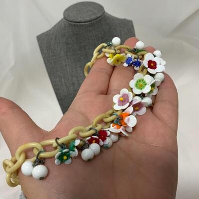 .219. VINTAGE | Celluloid Chain Necklace | Czech Glass Flowers