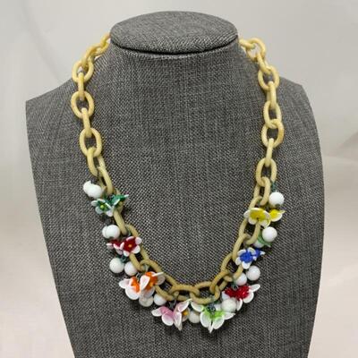 .219. VINTAGE | Celluloid Chain Necklace | Czech Glass Flowers