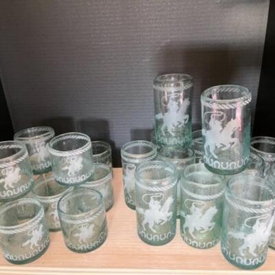 G698 Set of 23 Handblown Recycled Cowboy Glassware 