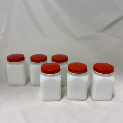 .230. VINTAGE | Six Milk Glass Spice Jars | Made in USA
