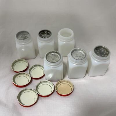 .230. VINTAGE | Six Milk Glass Spice Jars | Made in USA