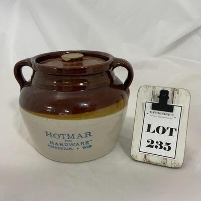 .235. VINTAGE | Hotmar for Hardware | Advertising Stoneware | Bean Pot | Princeton Wis