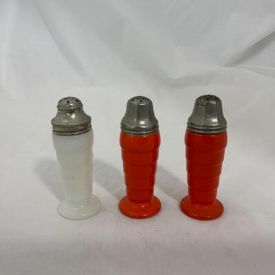 .241. VINTAGE | Three ModernTone Shakers | Orange | Milk Glass