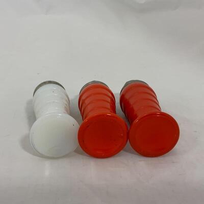 .241. VINTAGE | Three ModernTone Shakers | Orange | Milk Glass