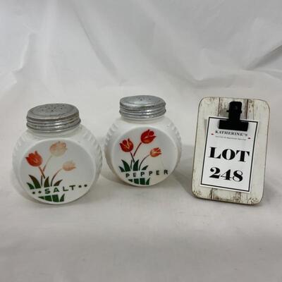 .248. VINTAGE | Fire King Tulip | Large Round Salt and Pepper Shakers