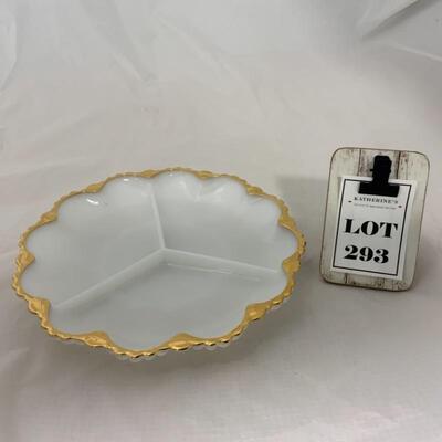 .293. VINTAGE | Fire King | Milk Glass & Gold | Divided Dish