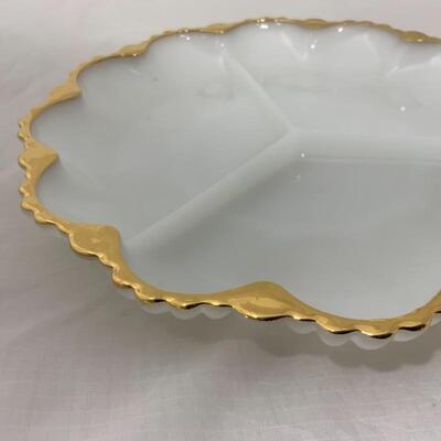 .293. VINTAGE | Fire King | Milk Glass & Gold | Divided Dish