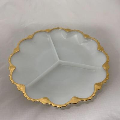 .293. VINTAGE | Fire King | Milk Glass & Gold | Divided Dish