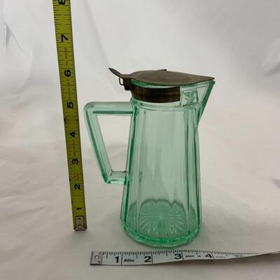 .300. VINTAGE | Green Depression Glass Syrup | Tin Lid