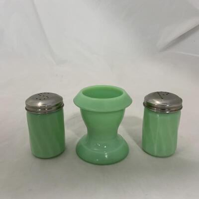 .302. Three Reproduction Jadite Pieces | Gibson | Salt and Pepper | Egg Cup