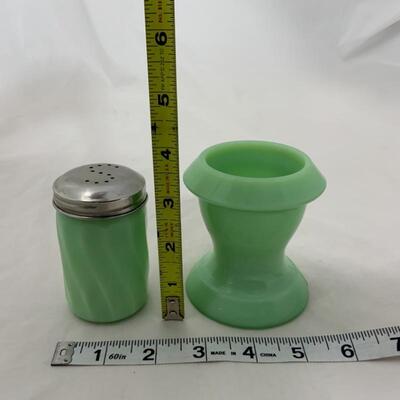 .302. Three Reproduction Jadite Pieces | Gibson | Salt and Pepper | Egg Cup