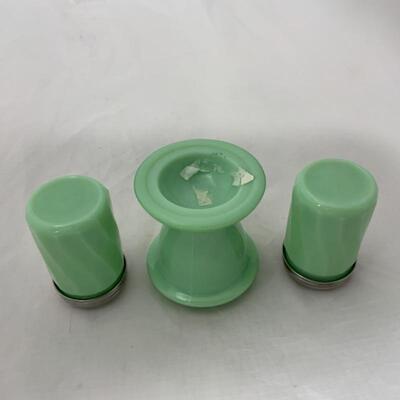 .302. Three Reproduction Jadite Pieces | Gibson | Salt and Pepper | Egg Cup