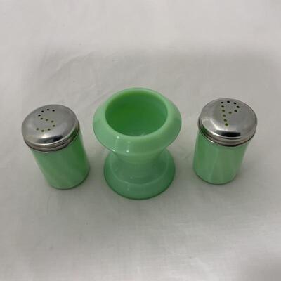 .302. Three Reproduction Jadite Pieces | Gibson | Salt and Pepper | Egg Cup