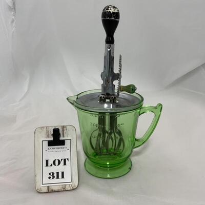 .311. VINTAGE | Green Glass Beater Jar | HandIMaid | Wood Handle