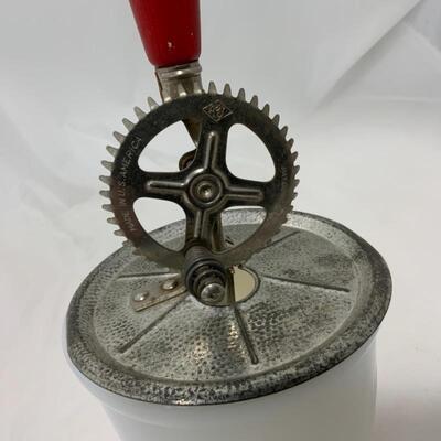 .312. VINTAGE | Small Milk Glass Beater Jar | Red Handle