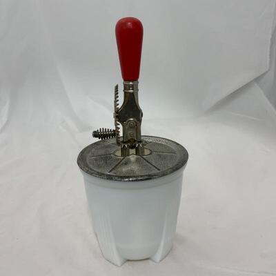 .312. VINTAGE | Small Milk Glass Beater Jar | Red Handle