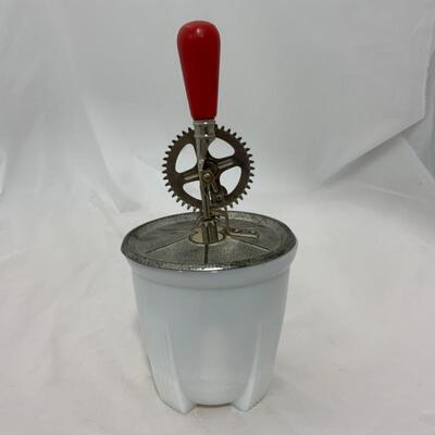 .312. VINTAGE | Small Milk Glass Beater Jar | Red Handle