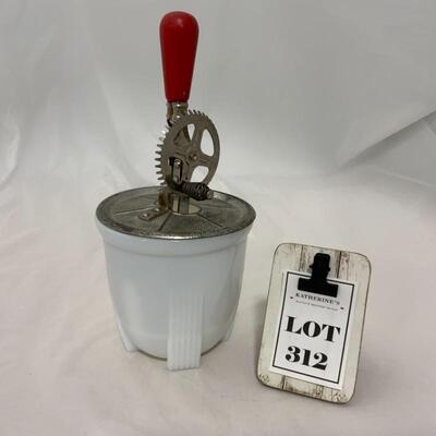 .312. VINTAGE | Small Milk Glass Beater Jar | Red Handle