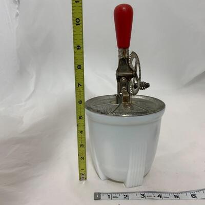 .312. VINTAGE | Small Milk Glass Beater Jar | Red Handle