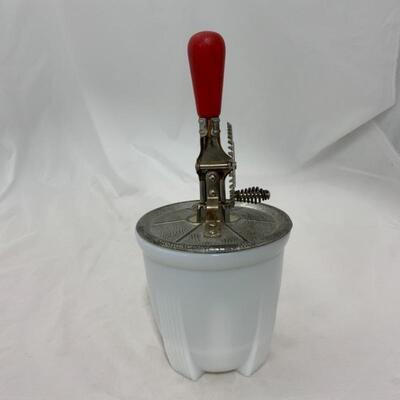.312. VINTAGE | Small Milk Glass Beater Jar | Red Handle
