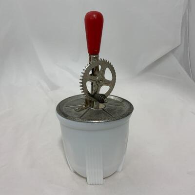 .312. VINTAGE | Small Milk Glass Beater Jar | Red Handle