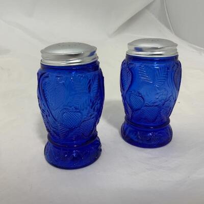 .313. Pair of Cobalt Glass Salt and Pepper Shakers | Strawberries