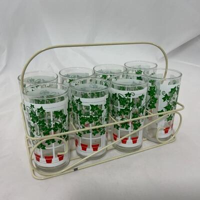 .319. VINTAGE | Anchor Hocking | 8 Ivy Glass Set | Caddy