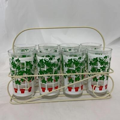 .319. VINTAGE | Anchor Hocking | 8 Ivy Glass Set | Caddy